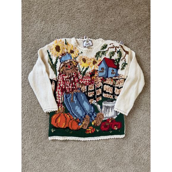 Tiara international Sweaters - Vintage Y2K 90s Tiara Knit Fall Scarecrow Pumpkin Patch Sunflower Farm Sweater